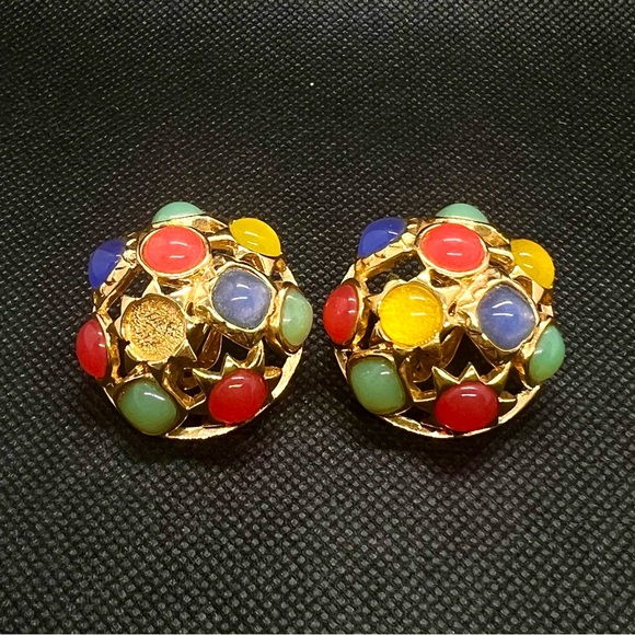 Trifari Jewelry - Vtg Trifari Multicolor Cabochon Lucite Stones Arch Shape Clip On Earrings 3.5”